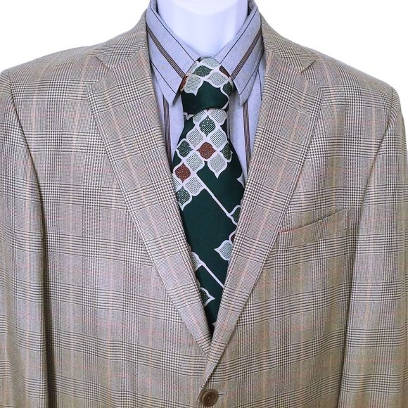 Vintage 90s-Y2K Blazer 100% Silk Suit Jacket Men-42L Fitted 2-Button Olive Plaid - Picture 4 of 10